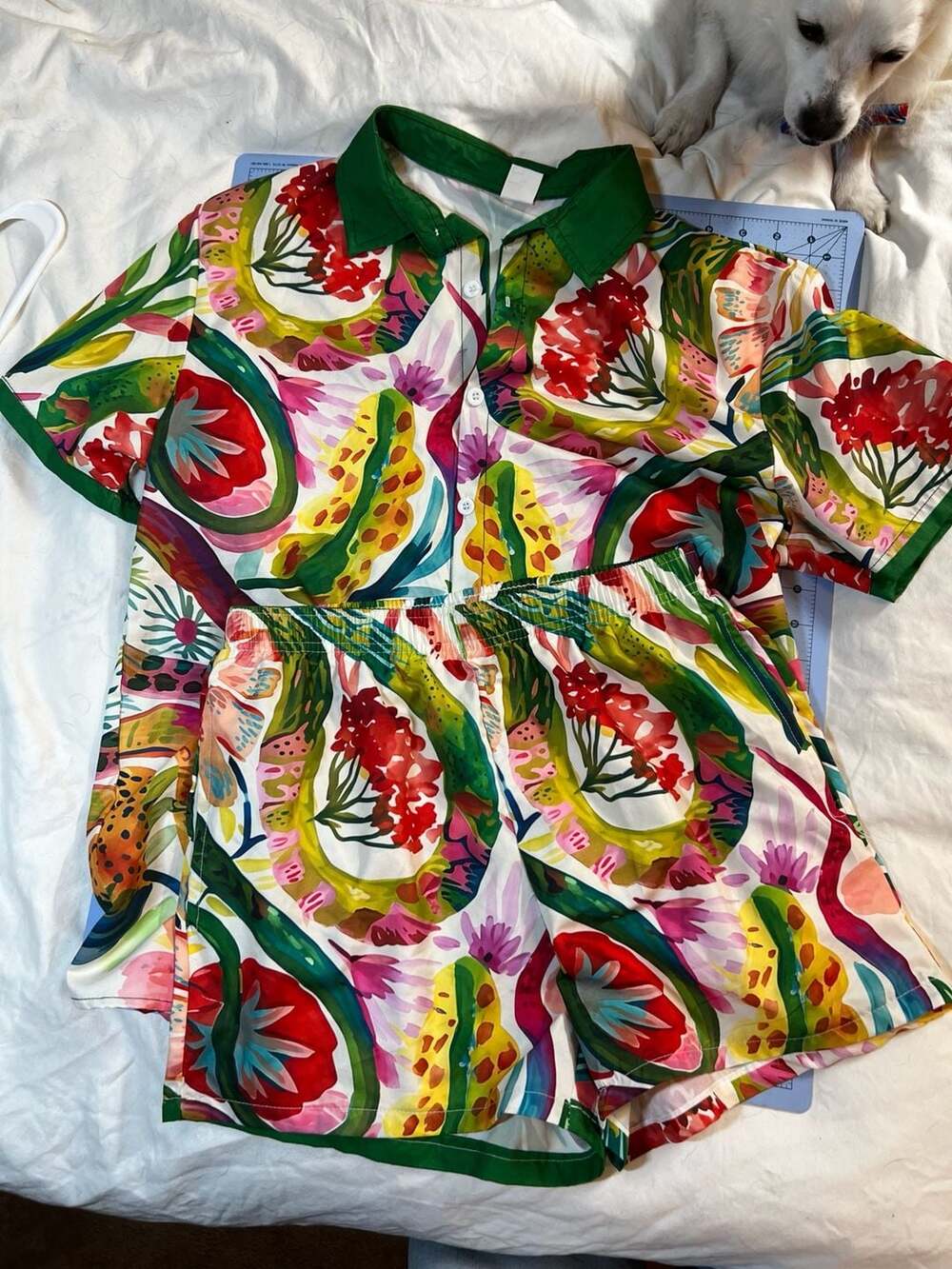Women's Short Sleeve Tropical Plant Floral Print Button-Down Shirt and Shorts Se